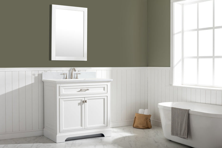 Milano 36" Single Sink Vanity with White Quartz Top - Design Element Bath Kitchen - Bathroom Vanity - Navy with Satin Gold Hardware
