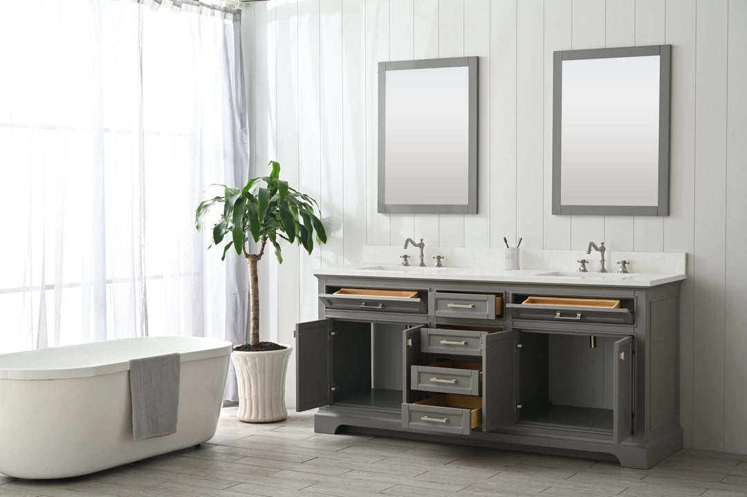 Milano 72" Double Sink Vanity with White Quartz Top - Design Element Bath Kitchen - Bathroom Vanity - Navy with Satin Gold Hardware