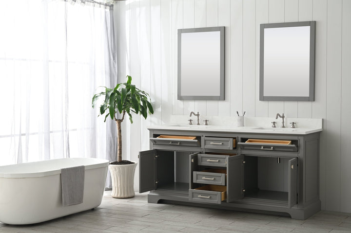Milano 72" Double Sink Vanity with White Quartz Top - Design Element Bath Kitchen - Bathroom Vanity - Navy with Satin Gold Hardware