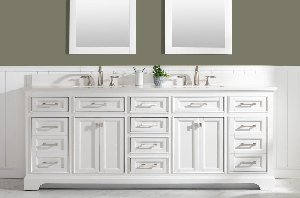 Milano 84" Double Sink Vanity with White Quartz Top - Design Element Bath Kitchen - Bathroom Vanity - Navy with Satin Gold Hardware
