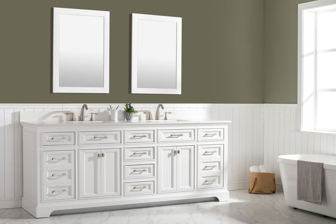Milano 84" Double Sink Vanity with White Quartz Top - Design Element Bath Kitchen - Bathroom Vanity - Navy with Satin Gold Hardware