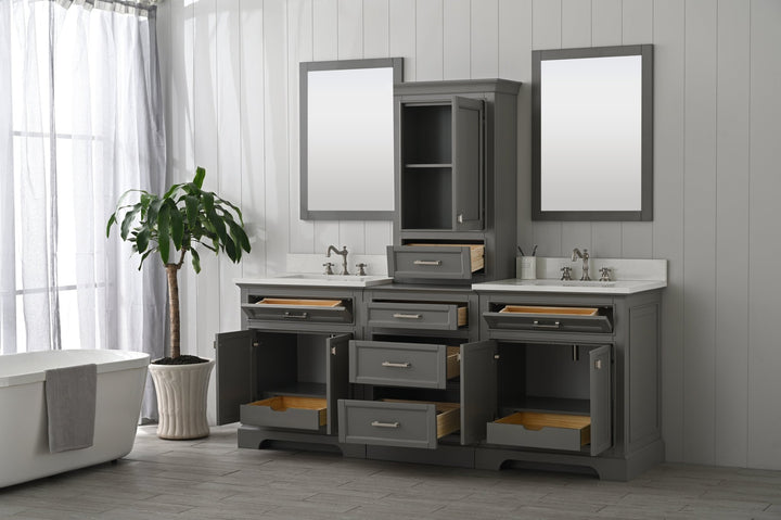Milano 84" Modular Double Sink Vanity Set with White Quartz Top - Design Element Bath Kitchen - Bathroom Vanity - Heritage Oak with Matte Black Hardware