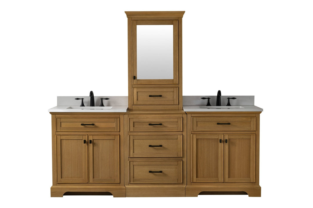 Milano 84" Modular Double Sink Vanity Set with White Quartz Top - Design Element Bath Kitchen - Bathroom Vanity - Heritage Oak with Matte Black Hardware