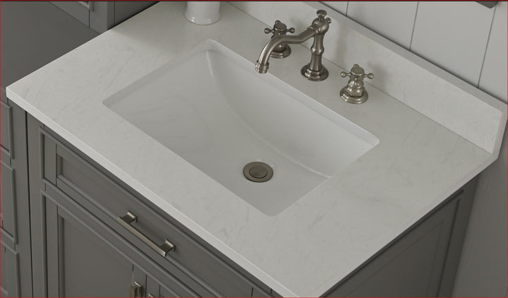 Milano 96" Modular Double Sink Vanity Set with White Quartz Top - Design Element Bath Kitchen - Bathroom Vanity - Heritage Oak with Matte Black Hardware