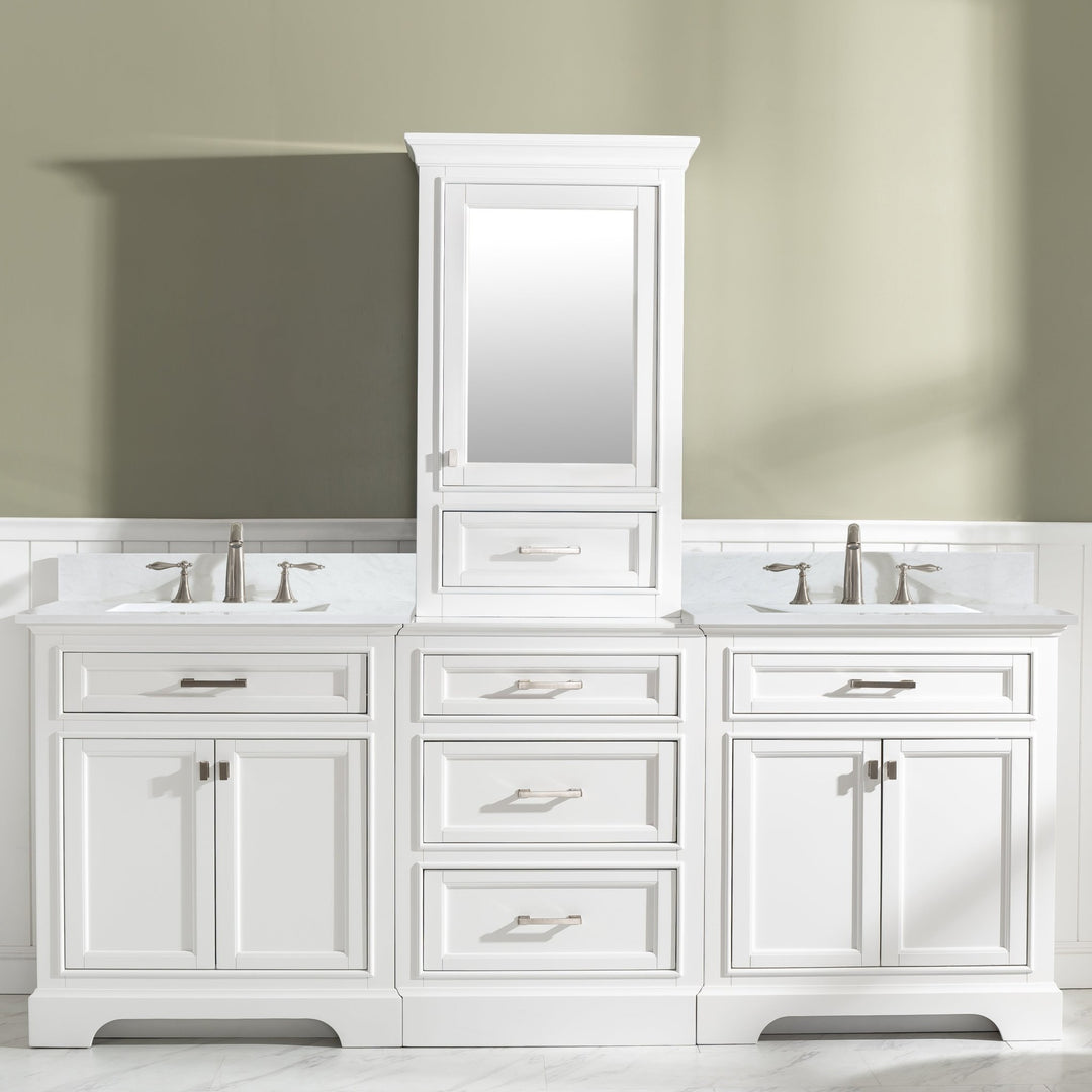Milano 96" Modular Double Sink Vanity Set with White Quartz Top - Design Element Bath Kitchen - Bathroom Vanity - White with Silver Satin Hardware