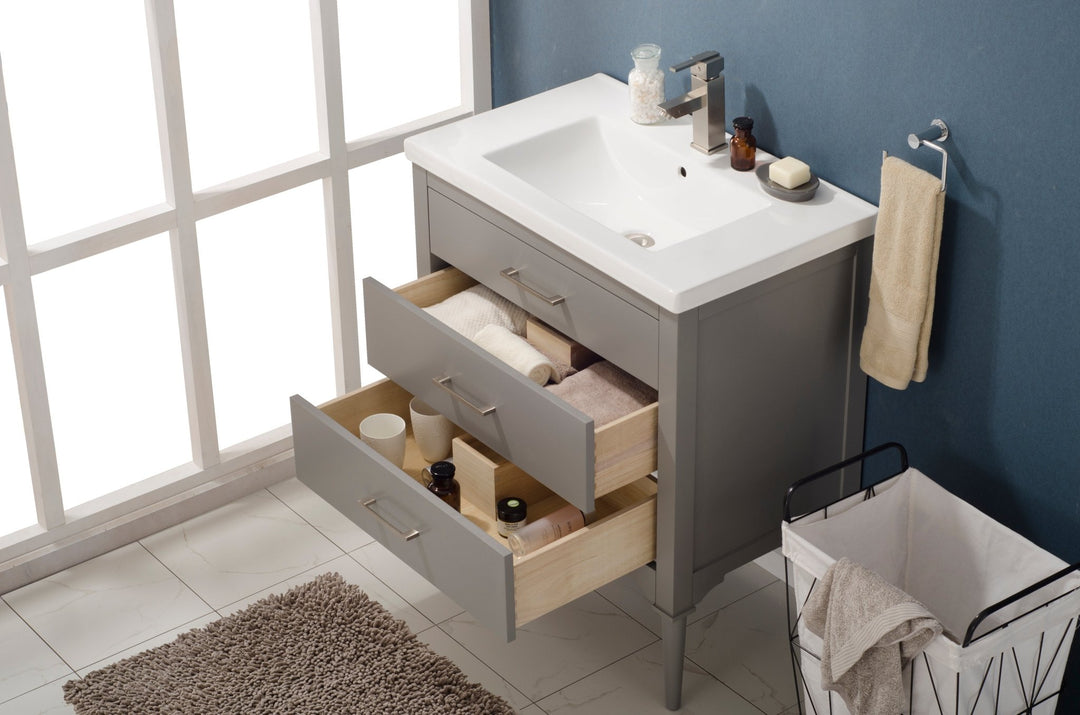 Mason 30" Single Sink Vanity with Porcelain Top - Design Element Bath Kitchen - Bathroom Vanity - White with Silver Satin Hardware