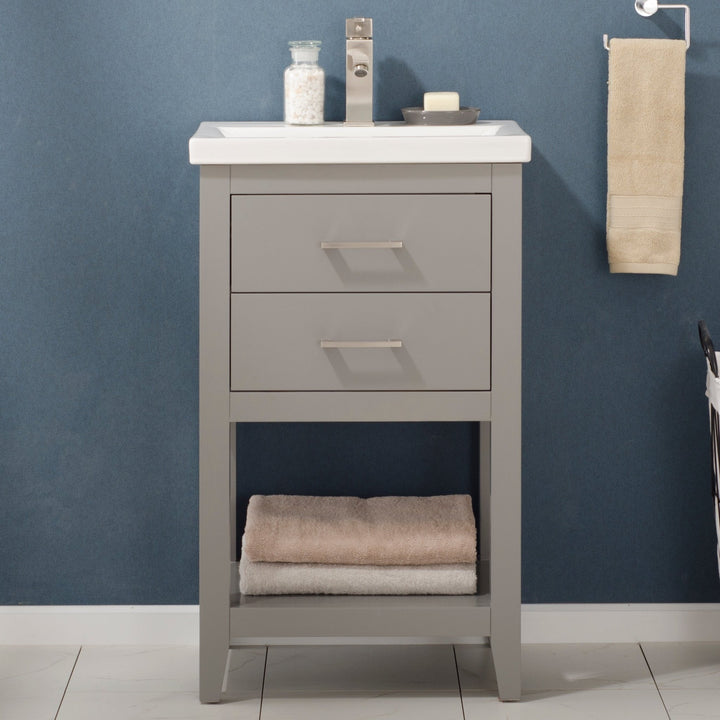 Cara 20" Single Sink Vanity with Porcelain Top - Design Element Bath Kitchen - Bathroom Vanity - Gray with Silver Satin Hardware