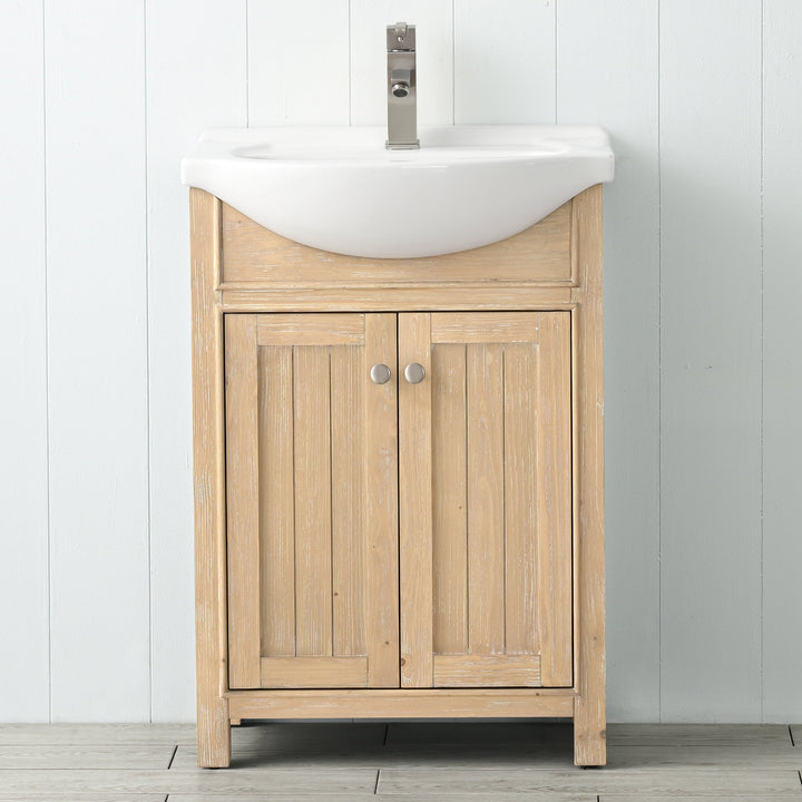 Marian 24" Single Sink Vanity with Porcelain Top - Design Element Bath Kitchen - Bathroom Vanity - Light Oak with Silver Satin Hardware