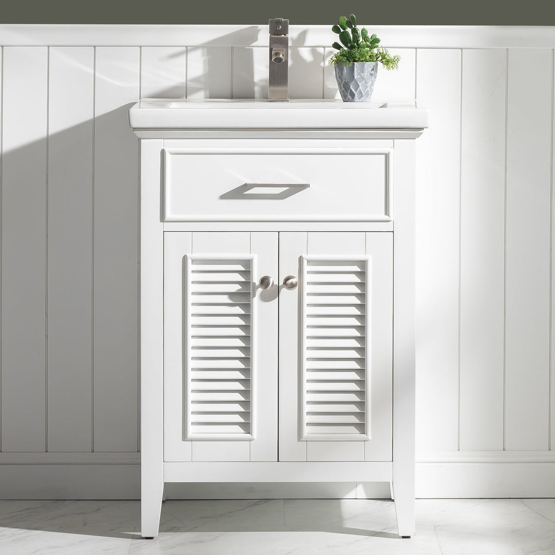 Cameron 24" Single Sink Vanity with Porcelain Top - Design Element Bath Kitchen - Bathroom Vanity - White with Silver Satin Hardware