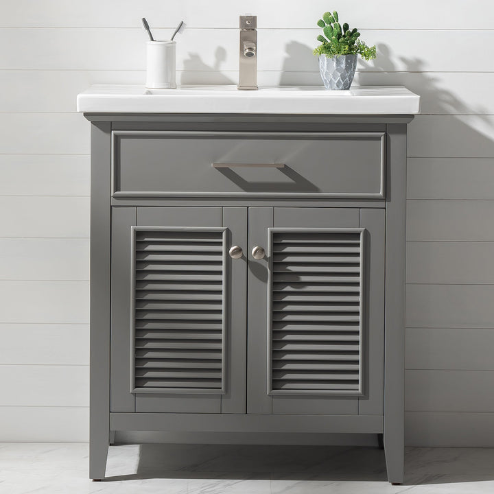 Cameron 30" Single Sink Vanity with Porcelain Top - Design Element Bath Kitchen - Bathroom Vanity - Gray with Silver Satin Hardware