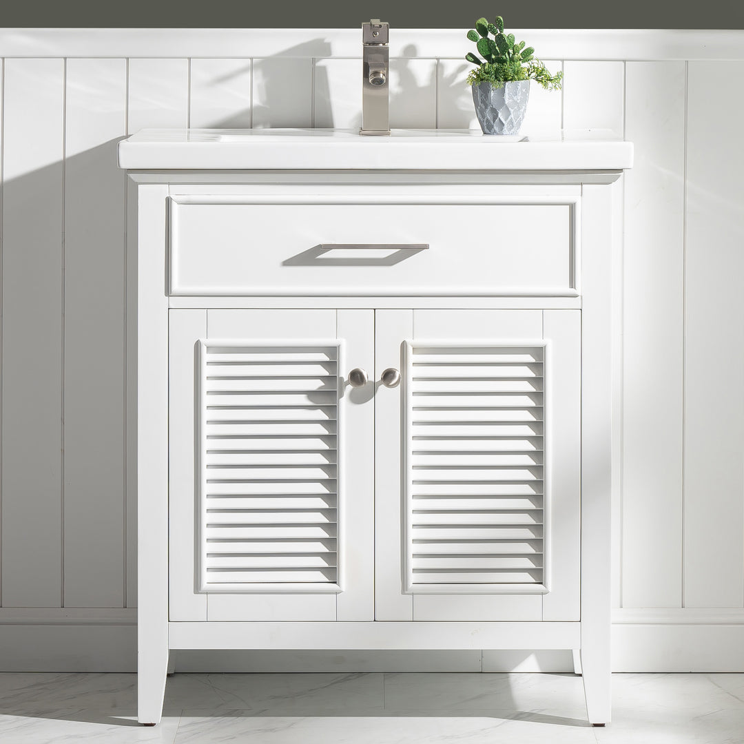 Cameron 30" Single Sink Vanity with Porcelain Top - Design Element Bath Kitchen - Bathroom Vanity - Navy with Satin Gold Hardware