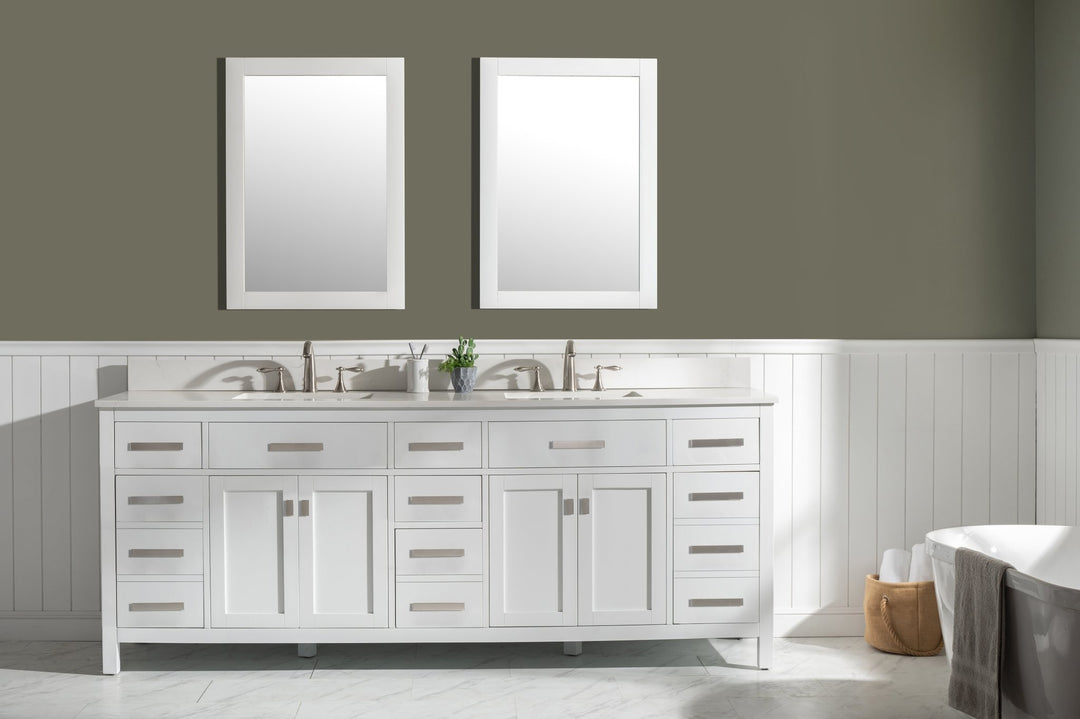 Valentino 84" Double Sink Vanity with White Quartz Top - Design Element Bath Kitchen - Bathroom Vanity - Navy with Satin Gold Hardware
