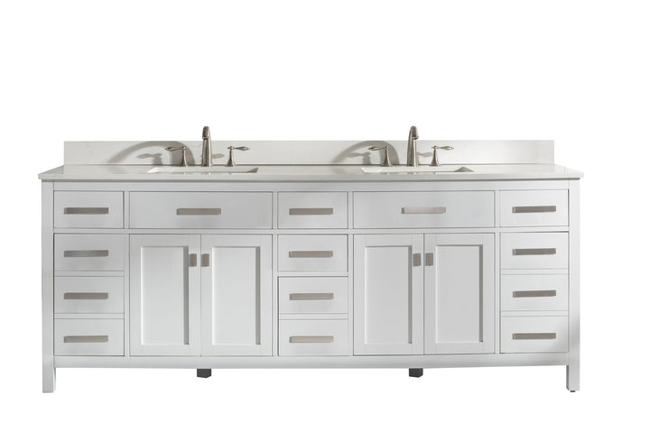 Valentino 84" Double Sink Vanity with White Quartz Top - Design Element Bath Kitchen - Bathroom Vanity - Navy with Satin Gold Hardware